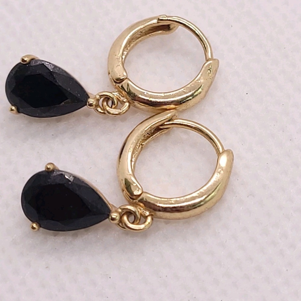 Gold Tone Black Teardrop Glass-Like Huggie Hoop Dangle Earrings